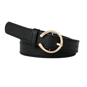 Elegante cinturón de mujer de cuero negro con hebilla redonda dorada para vaqueros