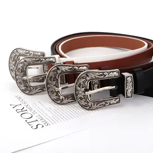 Cinturón de cuero PU retro con elegante hebilla de pasador floral para mujer.