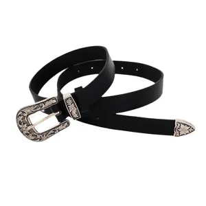 Cinturón de mujer vintage de cuero PU negro con hebilla de metal plateado grabado.