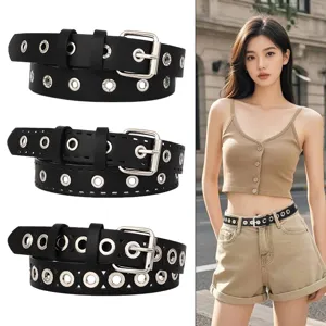 Damen Punk Stil PU Leder Belt Metallösen Ausgestanzt Lässiger Taillengürtel Schwarzer Mode Jeansgürtel