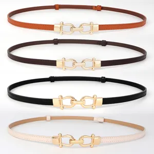 Vrouwen dunne lederen riem set met gouden metalen gesp elegante jurk taille band mode stijl