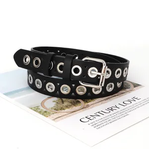 Schwarzer Damen Punk PU Ledergürtel mit Metallösen und Lochdesign für modischen Alltag.
