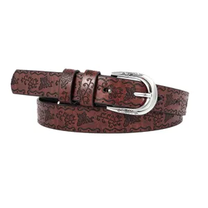 Ceinture en cuir gaufré vintage pour femme, motif floral et papillon avec boucle argentée.