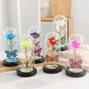 Rosa foglia oro colorata cupola vetro farfalla luminosa fiore preservato decoro regalo