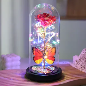 Lampada rosa cupola in vetro con luci LED colorate, fiore in foglia d'oro regalo decorazione.