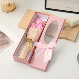 Detail of 3 soap rose bouquet gift box with pink ribbon for Valentine and Mother day gifts.