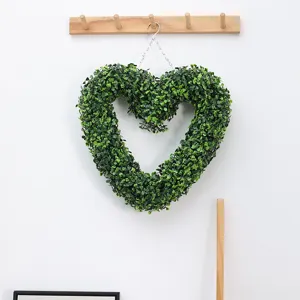 Artificial green plant heart wreath 3D double heart hanging decor for live background
