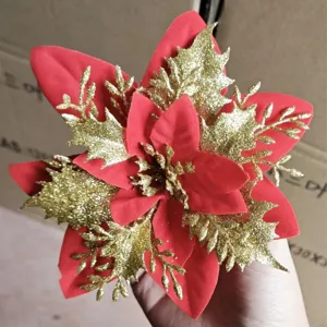 Christmas Artificial Poinsettia Flower Heads Double Layer Glitter Gold Powder Flowers Holiday Party Home Tree Decoration