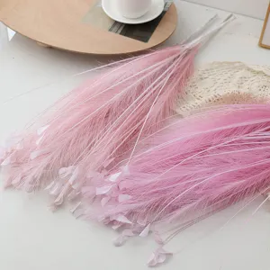 Detailed view of pink artificial pampas grass and decorative peacock feathers for home decor.