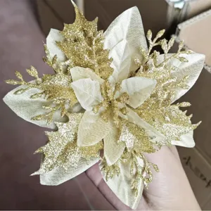 Double layer gold glitter poinsettia flower head for Christmas tree holiday decoration