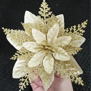 Christmas glitter poinsettia flower head double layer artificial decoration gold color