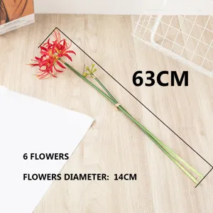 Artificial red spider lily flower prop, 63cm long with 6 flowers, for home decor.
