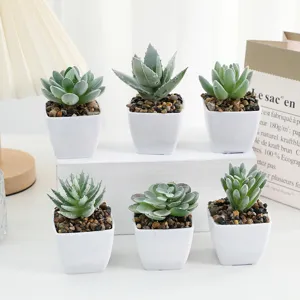 Artificial flocked succulent potted plants set of 6 in white square pots for home decor.