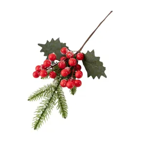 Branche de pin de baies de Noël artificielles baies rouges givrées feuillage déco fête.