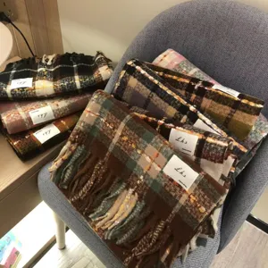 Women's autumn winter plaid cashmere feel warm tassel scarf thick cozy fashion shawl.