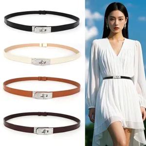 Cinturón Fino de Cuero PU para Mujer Hebilla Metálica Minimalista Versátil Ajustable Vestido Camisa Correa Accesorio de Moda