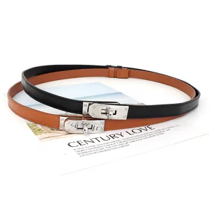 Delgada cinturon de mujer de cuero con hebilla candado plateado vestido cintura accesorio