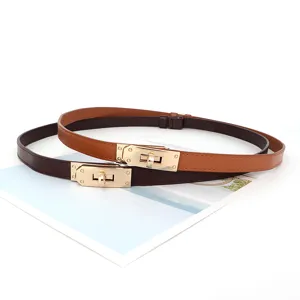 Ceinture fine en cuir pour femme avec boucles métalliques, accessoire de taille élégant.