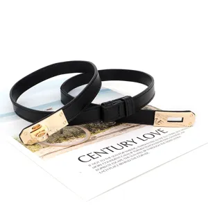 Fine ceinture en cuir noir avec fermoir métallique doré pour femme robe manteau taille chic