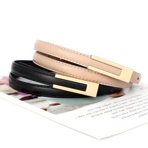 Damen schmaler Ledergürtel mit goldener Schnalle, stilvolles Set in Schwarz und Beige main