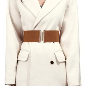 Brown elastic wide waist belt detail showcasing metal clasp closure paired with white coat.
