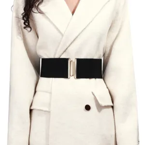 Black elastic wide waist belt detail, stylish metal clasp accessory for dresses and coats.
