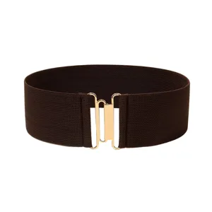 Detailed view of the women's brown wide elastic stretch belt with gold metal clasp.