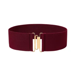Burgundy wide elastic waist belt featuring a polished gold interlocking hook buckle for dress.