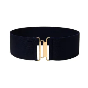 Women elastic wide belt navy blue waist cinch with gold buckle fashion dress accessory