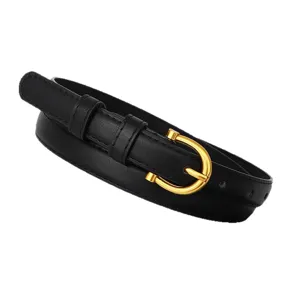 Ceinture fine en similicuir noir pour femme avec boucle doree elegante pour vetement.