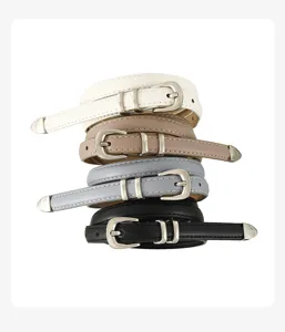 Detail shot of stacked thin women's belts in white, khaki, grey, and black with silver buckles.
