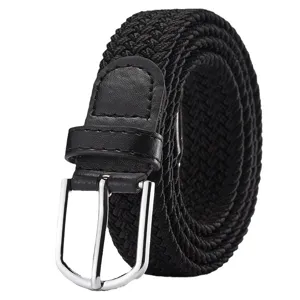 Black elastic braided belt for women with metal pin buckle and PU leather details main view.