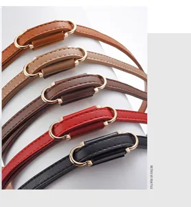 Elegant thin PU leather belt for women, stylish minimalist waist accessory for dresses.