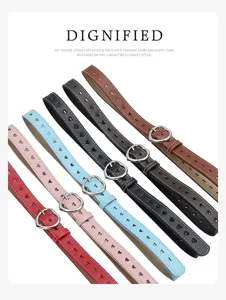 Detail modieuze lederen riem met hartuitsnede, stijlvolle metalen gesp, kleurrijk voor dames.