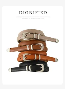 Detailed view of women's thin leather belt stack, elegant silver metal buckle, versatile colors.