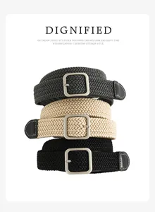 Elastic woven belt with metal buckle, casual retro style for men and women daily wear.