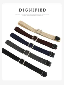 Woven elastic belt for women, retro casual stretch waistband with metal square buckle and pu ends.