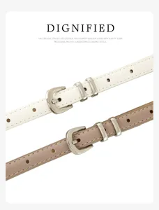 Women thin leather belt set with stylish silver buckle, versatile casual dress waist accessory.