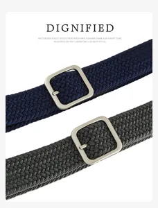 Close-up of elastic woven belt detail, stylish metal square buckle, textured fabric design.