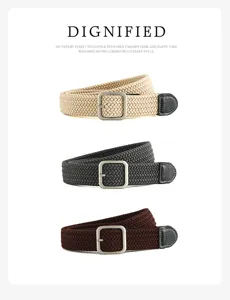 Unisex woven elastic belt with square metal buckle, casual retro style stretch waistband.