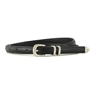 Women's black thin leather belt with silver metal buckle, minimalist design main product shot