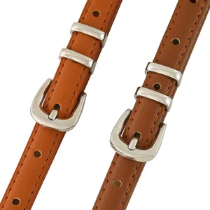 Women thin brown leather belt with silver buckle, elegant simple decorative strap for daily wear