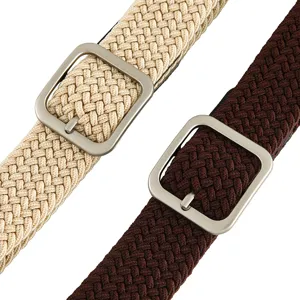 Elastic woven belt for men and women stretch casual pants belt with metal square buckle main view.