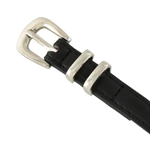 Elegant women's black thin leather belt with silver buckle, minimalist everyday style.
