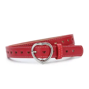 Rode lederen riem met hartvormige uitsparingen en zilveren gesp voor modieuze outfits.
