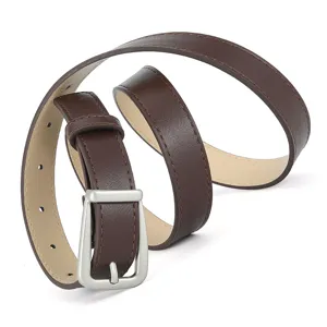 Women's brown PU leather belt with silver pin buckle, stylish daily casual waist strap for jeans and dresses.