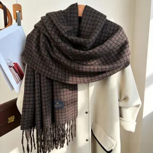 Women Winter Thick Faux Cashmere Scarf Retro Plaid Tassels Warm Soft Shawl Versatile Daily Commute Long Scarf