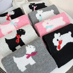 Cute cartoon dog knit winter scarf with bow, soft warm cozy thick woolen neck warmer for women.