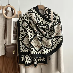 Women's Faux Cashmere Scarf Thickened Warm Winter Shawl Tassel Geometric Pattern