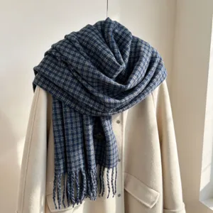 Thickened imitation cashmere plaid scarf with tassel detail, stylish winter warm accessory.